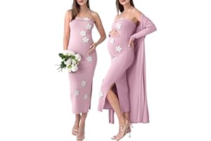 Rnxrbb 2 PCS Floral Baby Shower Maternity Dress Cardigan Photoshoot Long Tube Dresses Gender Reveal for Night Out&Cocktail