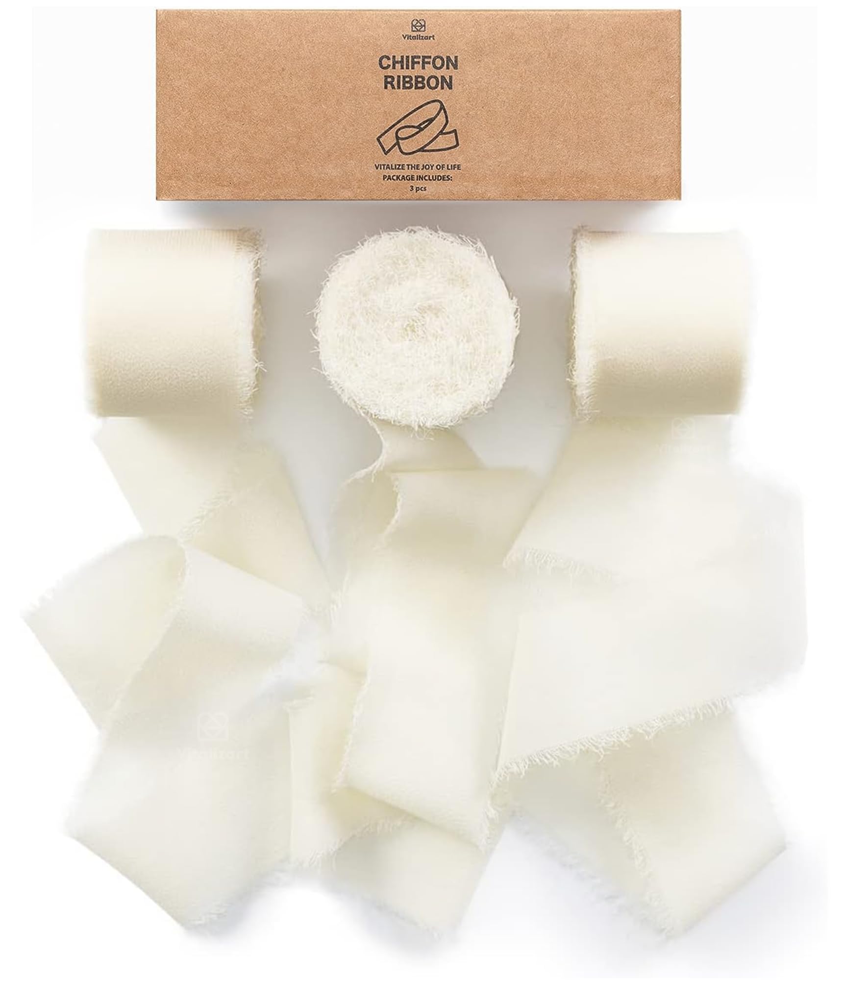 Vitalizart Chiffon Silky Ribbon 3 Rolls 1.5'' x 7 Yd Cream White, 1.5'' x 21 Yd Ribbons Handmade Fringe for Wedding Invitations, Bridal Bouquets, Gift Wrapping, Holiday Decoration, DIY Crafts