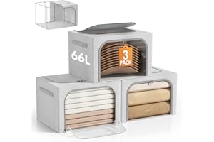 Large Size 66L Bubimon 3 Pack Clothes Storage Bins with Metal Frame, Stackable & Foldable Linen Storage Box with Lids, Closet