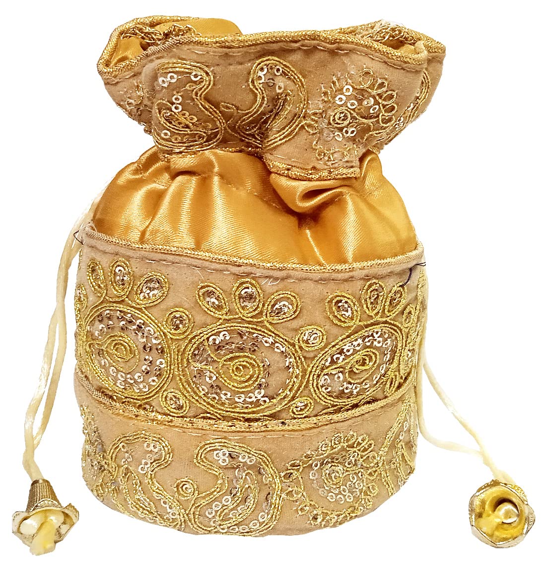 Purpledip Potli Bag (Clutch, Drawstring Purse) For Women With Intricate Gold Thread & Sequin Embroidery Work, Gold (10238)