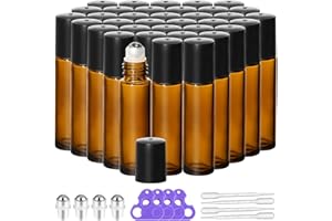 Aqziill 36 Pack Empty Essential Oil Roller Bottles – 10ml Amber Glass Roll-On Bottles with Stainless Steel Roller Balls & Cap