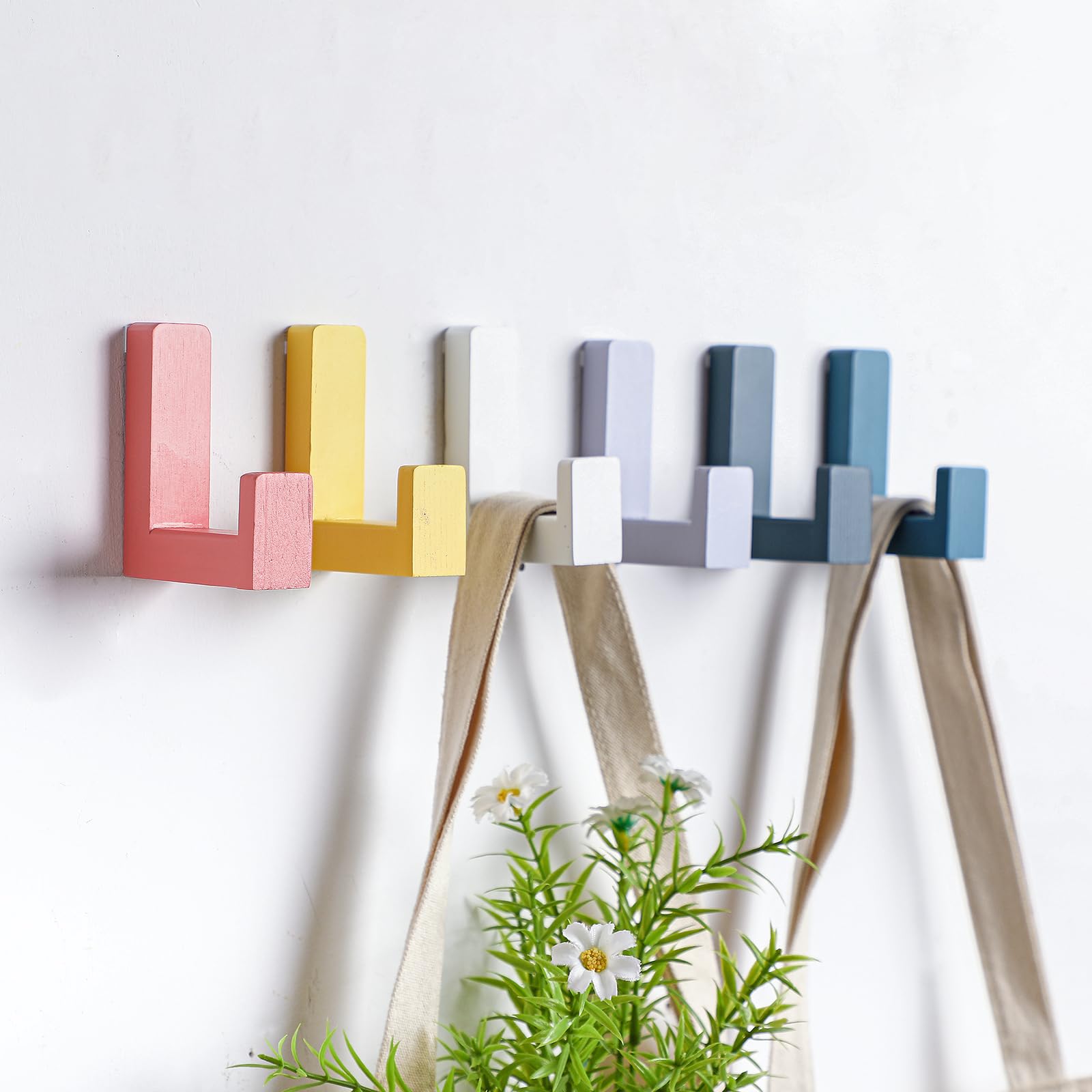 Photo 1 of Teenyyou 6 Pack Cute Kids Coat Wall Hooks Wooden Adhesive Decorative Colorful Wall Mounted Hangers Backpack Hooks for Hanging Keys Towel Clothes Bathroom Organization(Colorful)