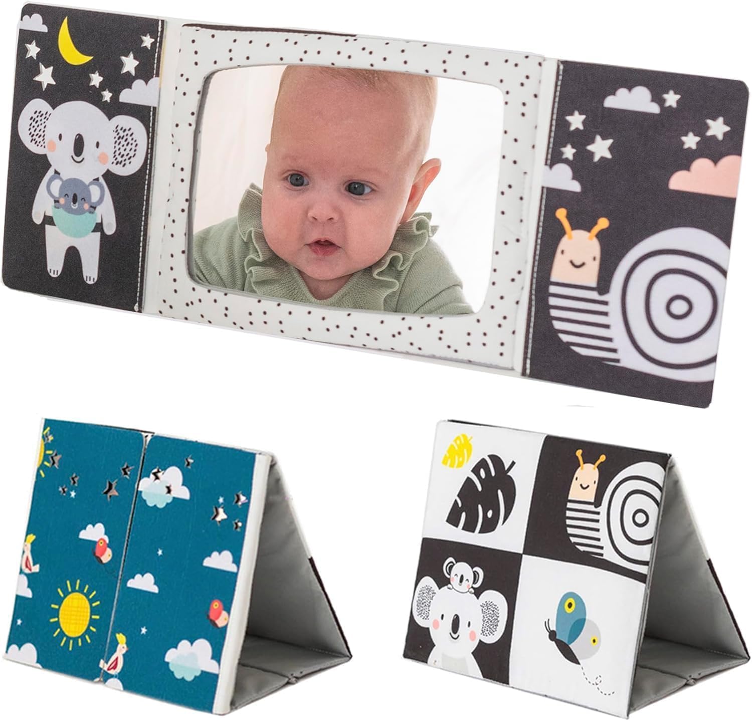 Taf Toys Tummy-time Baby Mirror Book. High Contrast Black & White Soft Double-sided Activity Baby Book. Newborn Sensory Montessori Baby Toy. Gift Suitable for Newborn Boys & Girls 0 months +