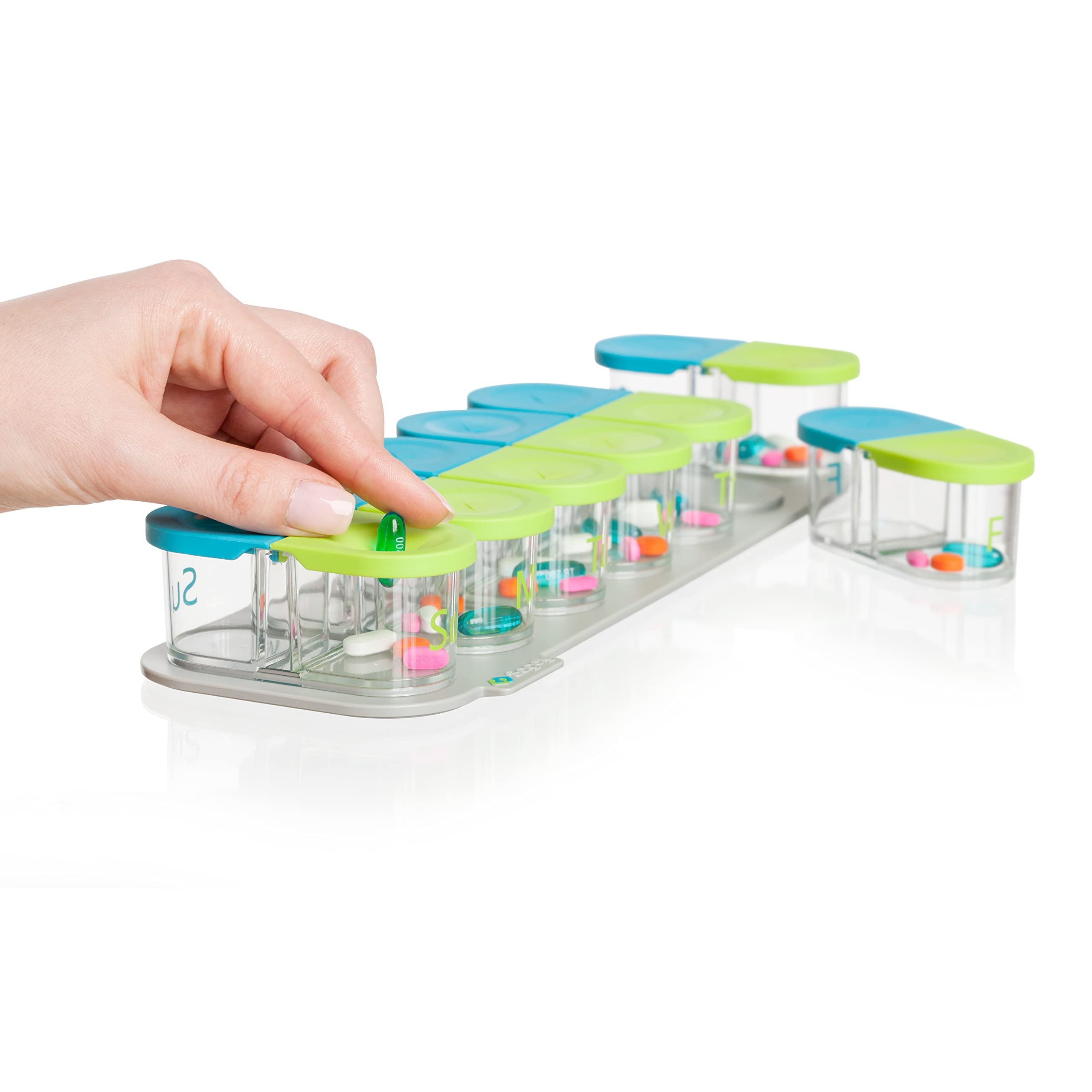Sagely Smart Weekly Pill Organiser - Sleek Am/Pm Twice A Day Pill Box with 7 Day Travel Containers and Reminder App Blue/Green