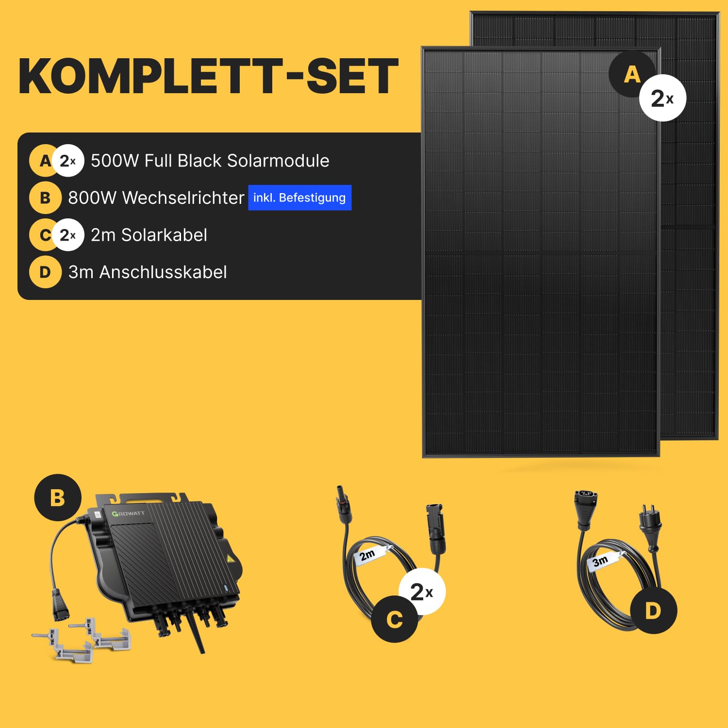 Solakon® 1000W Balkonkraftwerk - Balkonkraftwerk 800W komplett Steckdose - neuester 800 Watt Wechselrichter - Solaranlage Komplettset - 500W bifaziale Solarmodule inkl. Zubehör - 3m Kabel 4