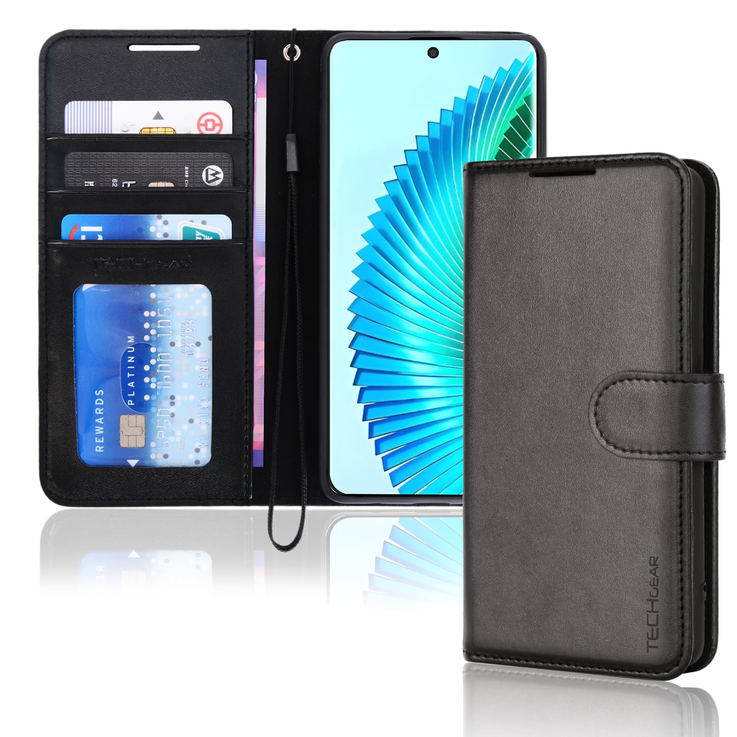 TECHGEAR Leather Wallet Case for Honor Magic 6 Lite 5G, Flip Book Protective Case Cover [RFID BLOCKING] with Wallet Card Holder, Stand and Wrist Strap - Black PU Leather with Magnetic Closure