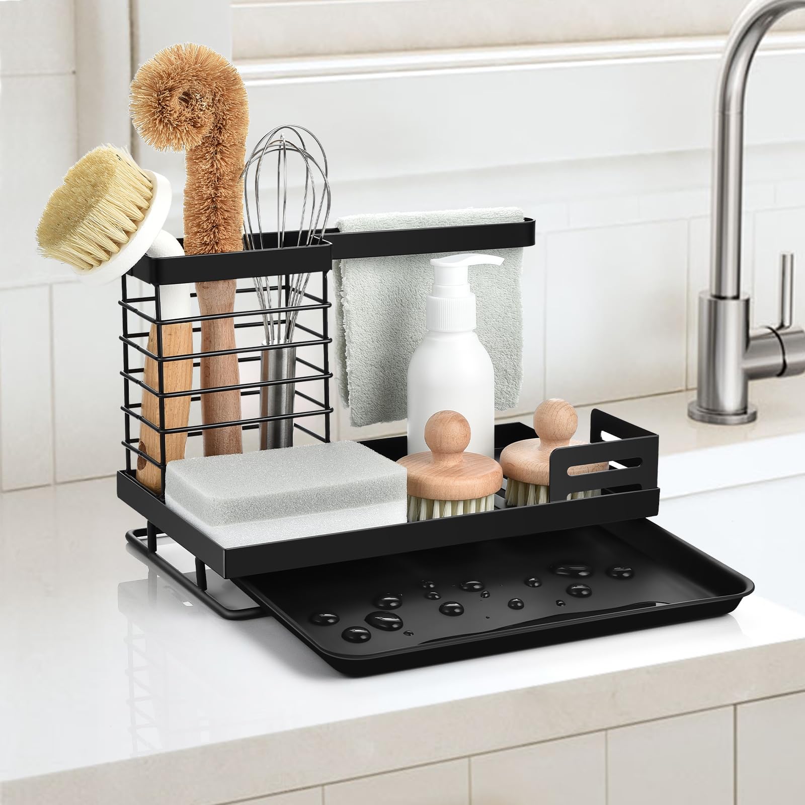 OTraki Kitchen Sink Caddy Black, Space Saving Kitchen Drying Rack Draining Board Rack Stainless Steel Sink Tidy Organiser for Countertop Kitchen Storage & Organisation