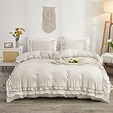 Jolusere Beige Ruffled Duvet Cover Set Queen Size Vintage Ruffle Fringe Comforter Cover with 1 Row of Handmade White Ruffle,Farmhouse Rustic Microfiber Bedding,Zipper Closure,3 Pieces(No Comforter)
