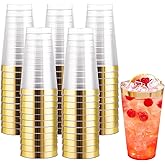 I00000 16 oz Gold Plastic Cups, 100 Pack Clear Plastic Cups Tumblers Gold Rimmed Cup, Heavy-duty Disposable Cup Perfect for Wedding & Party