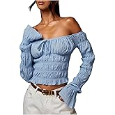 Floerns Women's Going Out Off The Shoulder T Shirts Bell Sleeve Bow Tie Ruffle Y2k Tops