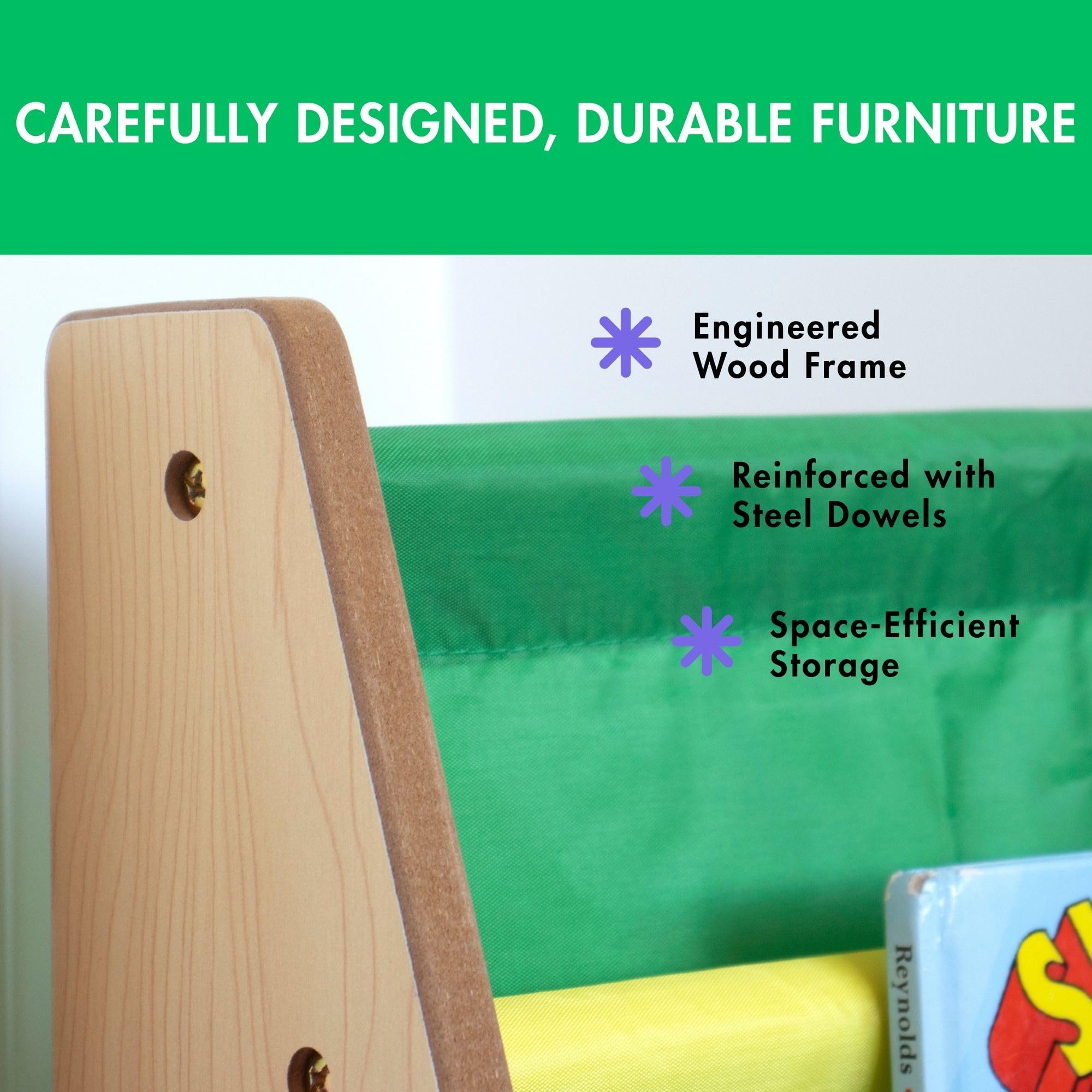 Humble Crew 4-Tier Kids Bookshelf, Natural Wood/Primary - Premium Book Shelf for Kids Rooms with Four Deep Pockets - Toddler Sling Book Rack with Deep Sleeves, Nursery Bookcase Organizer