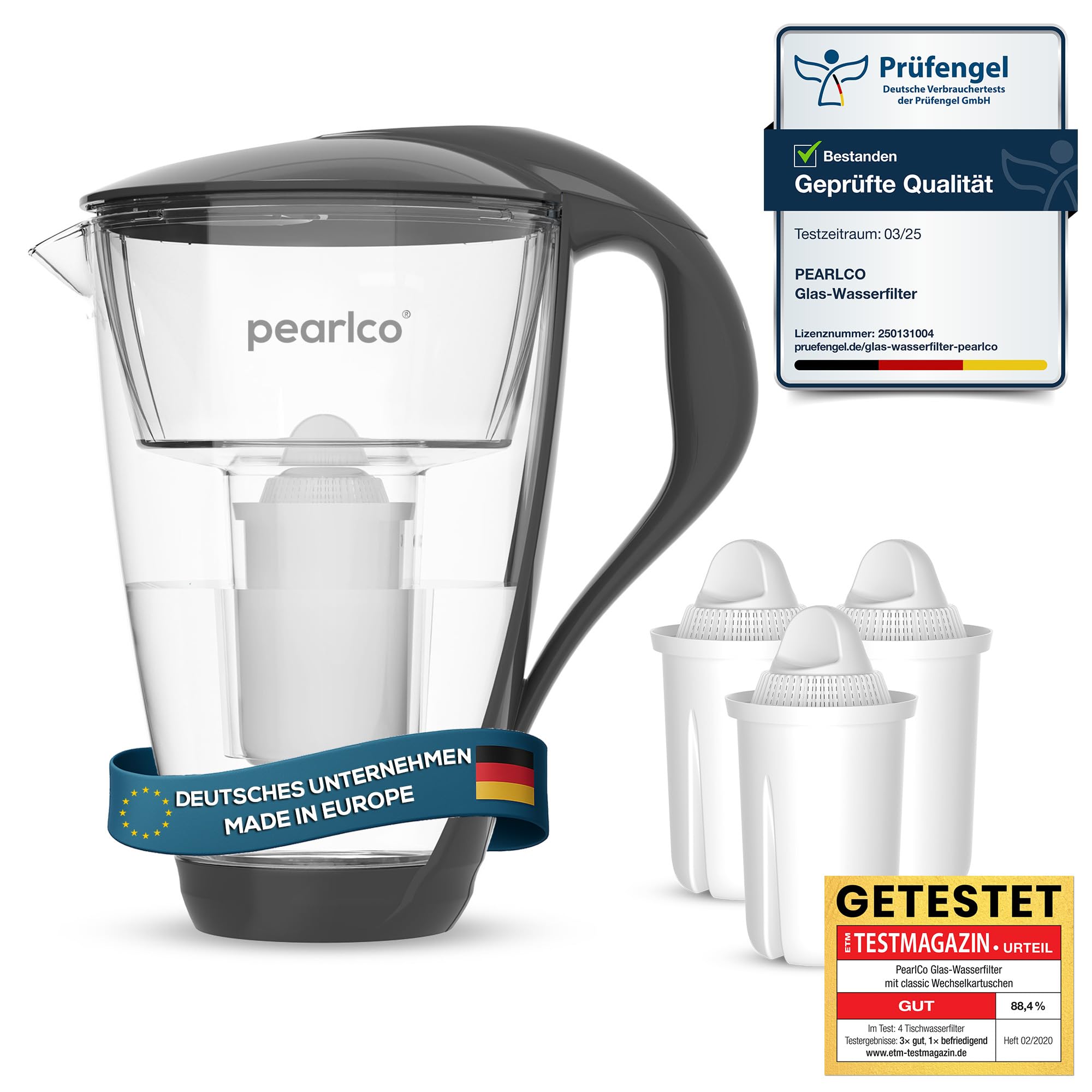 PearlCo Glass Water Universal classic Filter (anthracite) incl. 3 Universal classic Filter Cartridges (compatible with Brita® Classic)