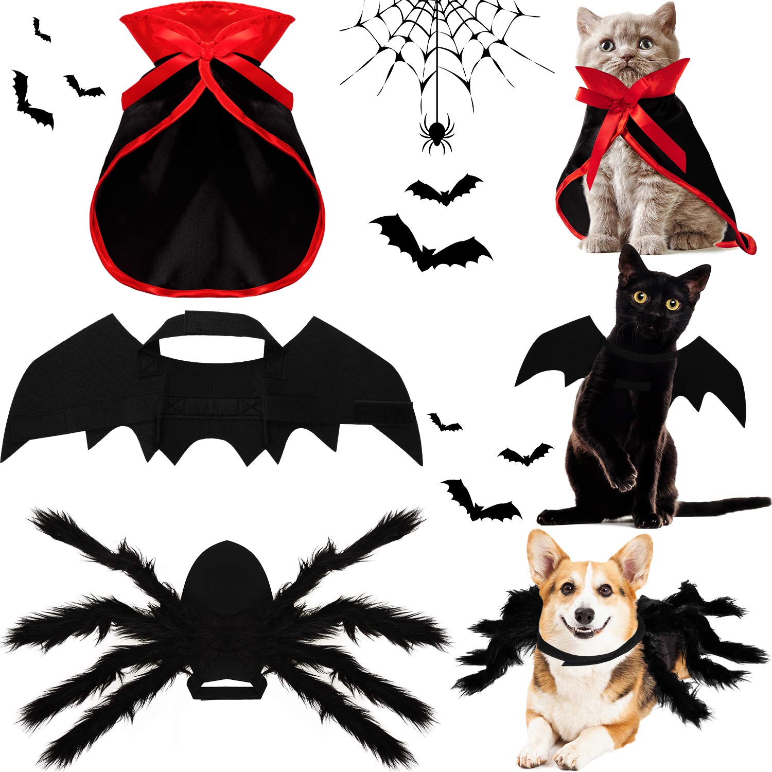 Photo 1 of 3 Piece Halloween Cat Dog Costume Set, Pet Bat Witch Vampire Cloak Giant Imitation Pet Spider Pets Costume Cosplay Accessories Halloween Pets Decoration for Dogs Puppy Cats (Red, S)