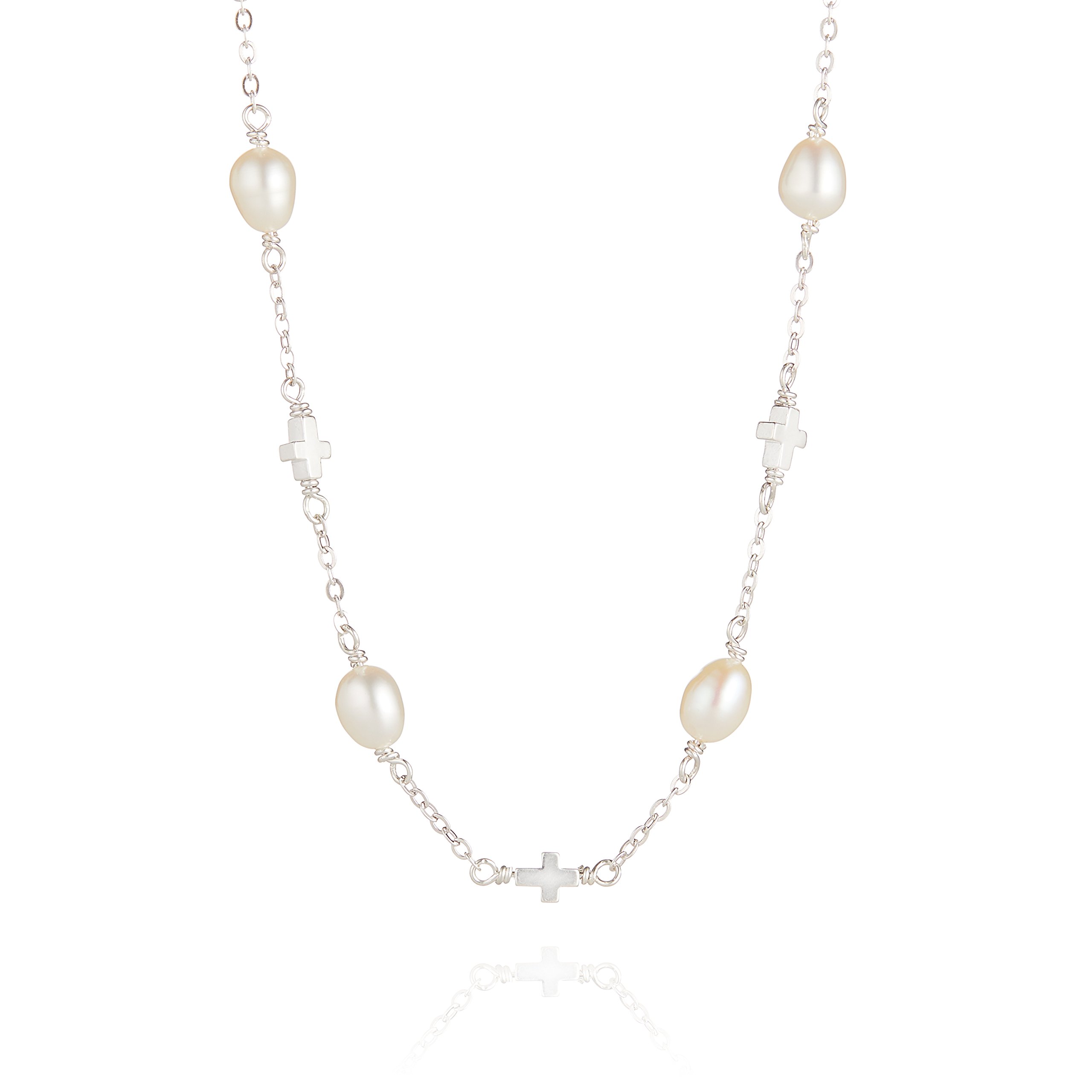 Molly Brown London Pearl Station Cross Necklace. Ideal for First Holy Communion Gifts for Girls, Christening, Flower Girl and Bridesmaids Gifts