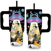 xiiai Cat & Spaceship 24oz Tumbler with Handle & Straw - Stainless Steel Insulated Cup, Spaceship Cups, Gift For Cat Lovers, Boys, Girls, Birthday, Christmas,and Daily Use