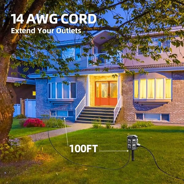 TIFFCOFIO OUTDOOR POWER STRIP WATERPROOF, 24 HOUR MECHANICAL TIMER, 6 FT EXTENSION CORD, 6 GROUNDED OUTLETS FOR OUTDOOR LIGHTS, ETL LISTED (100 FT)
