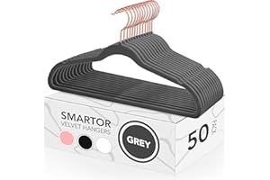 Smartor Grey Velvet Hangers 50 Pack, Non Slip Clothes Felt Hanger Heavy Duty for Coat, 360° Rotating Rose Glod Hook, Premium Slim Space Saving Hangers for Closet Organizer and Storage