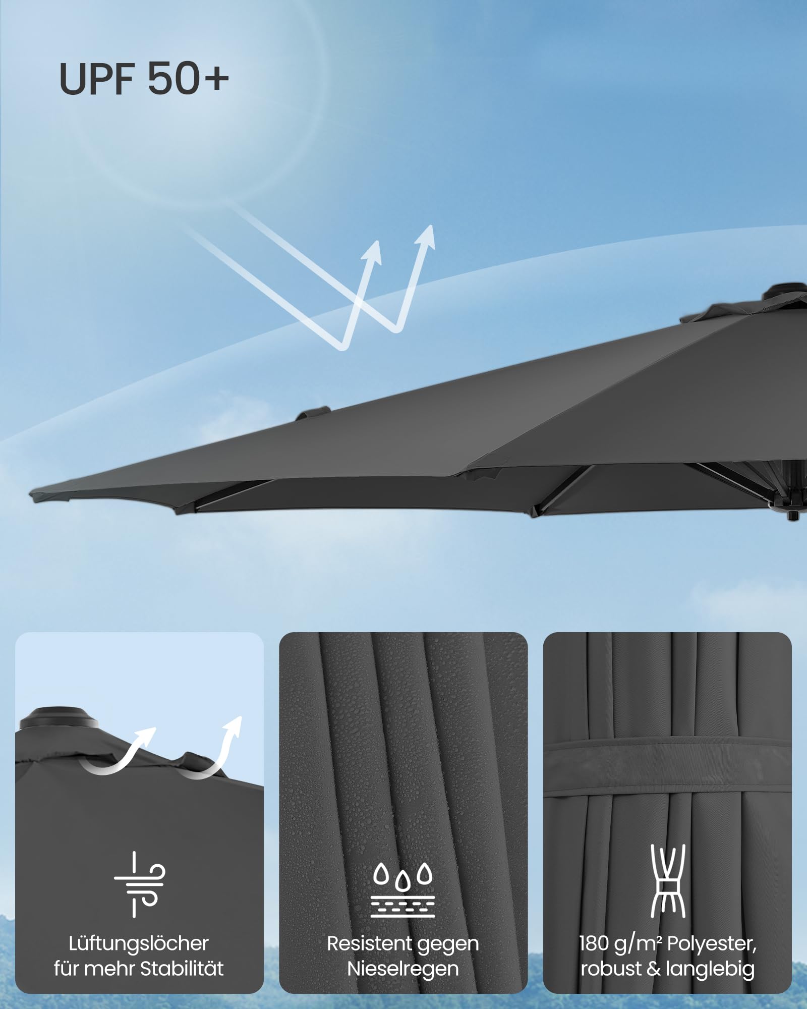 SONGMICS Sonnenschirm, Ampelschirm, 300 cm, UPF 50+, Gartenschirm, um 360° drehbar, Neigungswinkel stufenlos verstellbar, mit Kurbel, Kreuzfuß, grau GPU074G02 4