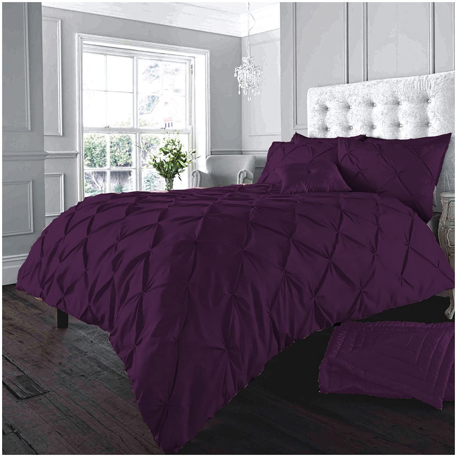 GC GAVENO CAVAILIA Pleated Duvet Cover Sets, Pintuck Bedding Sets King Size, 3 Piece Quilt Comforter Covers Aubergine — image 1