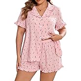 Floerns Women's Plus Size 2 Piece Floral Pajamas Set Casual Ruffle Collared Shirt with Shorts