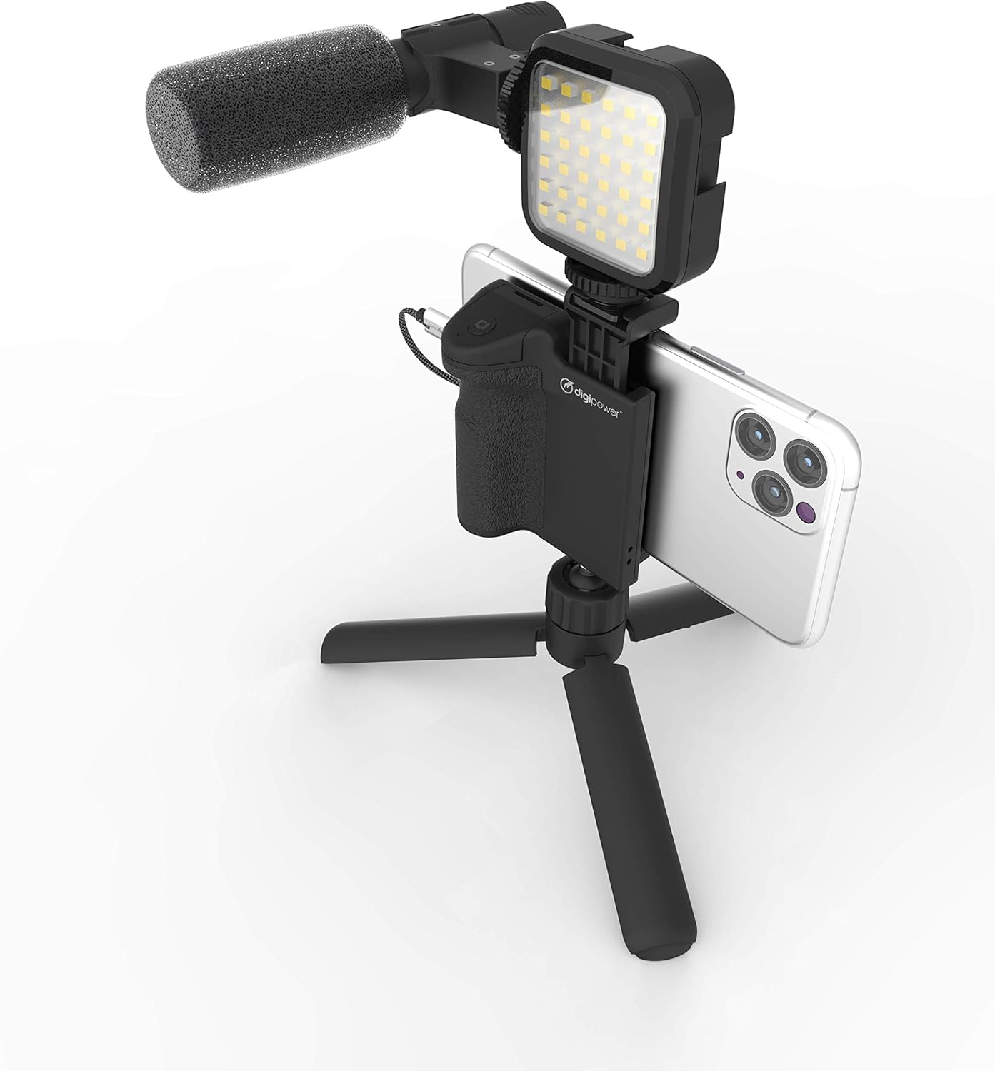 DigiPower Follow me Vlogging Set including LED Video Light + Microphone + Camera Grip with Mobile Phone Holder + Mini Tripod