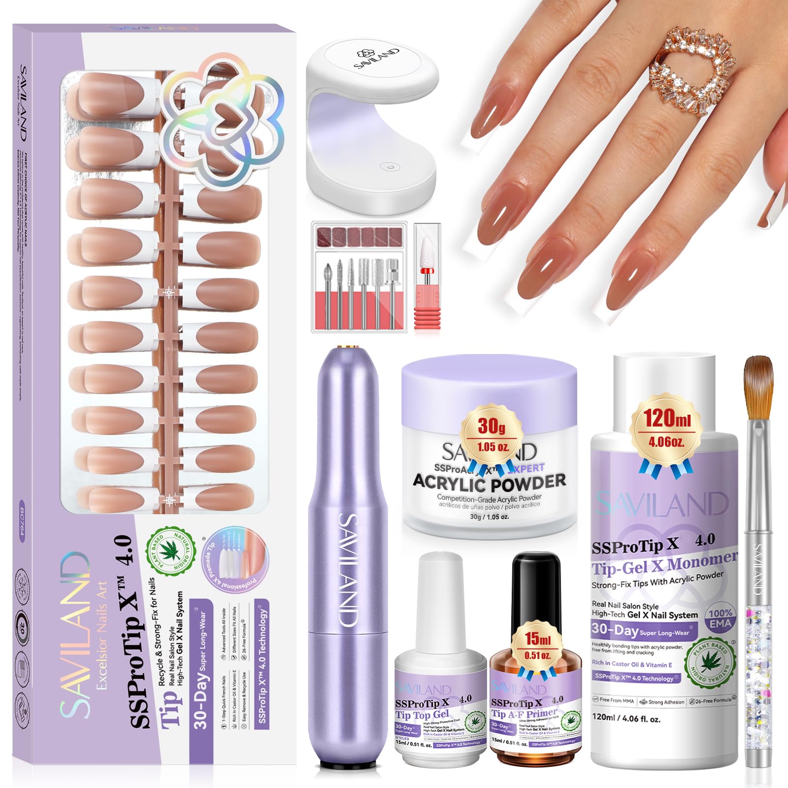 SAVILAND Acrylic Nails Kit With French Tips: 30 Days Strong Wear Acrylic Nail Set With 160 Pcs Long Square Full Cover Press on Nails Acrylic Powder Monomer Stronger Healthier Fake Nails French Nails