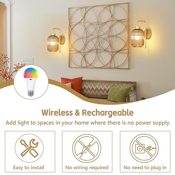 LAMSU VINTAGE GOLD WIRELESS WALL SCONCES BATTERY OPERATED, RECHARGEABLE WALL LIGHTS SET OF 2 WITH AMBER STRIPE GLASS SHADE, REMOTE AND BULB, CORDLESS SCONCES WALL DECOR FOR BEDROOM LIVING ROOM