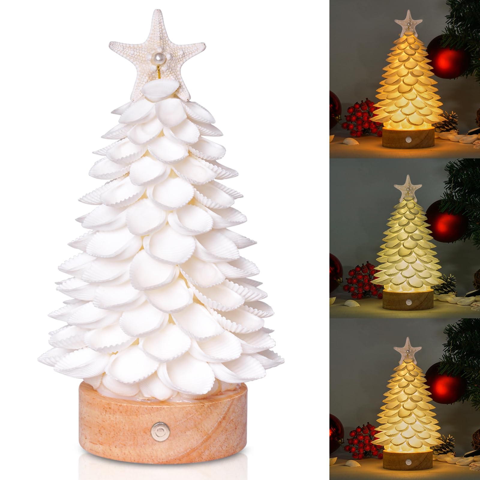 Photo 1 of Sea Shells Christmas Tree Handmade Crafts Tabletop Shells Christmas Tree with LED Light, for Christmas & Beach Decoration, Party Birthday Gift, Home Decor, Collectible Figurines Christmas Tree