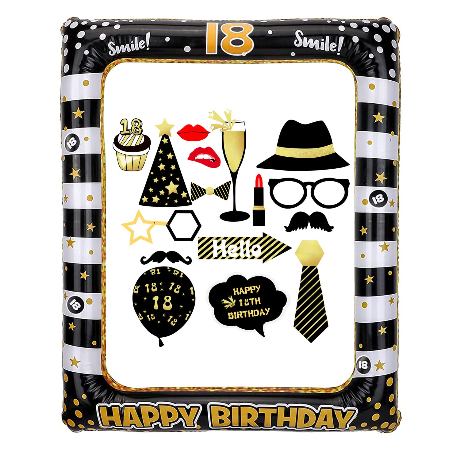18th Birthday Inflatable Selfie Frame and Photo Booth Props Giant Black Gold Blow Up Decorations for Girls Boys Birthday Party Supplies Theme Party Kit