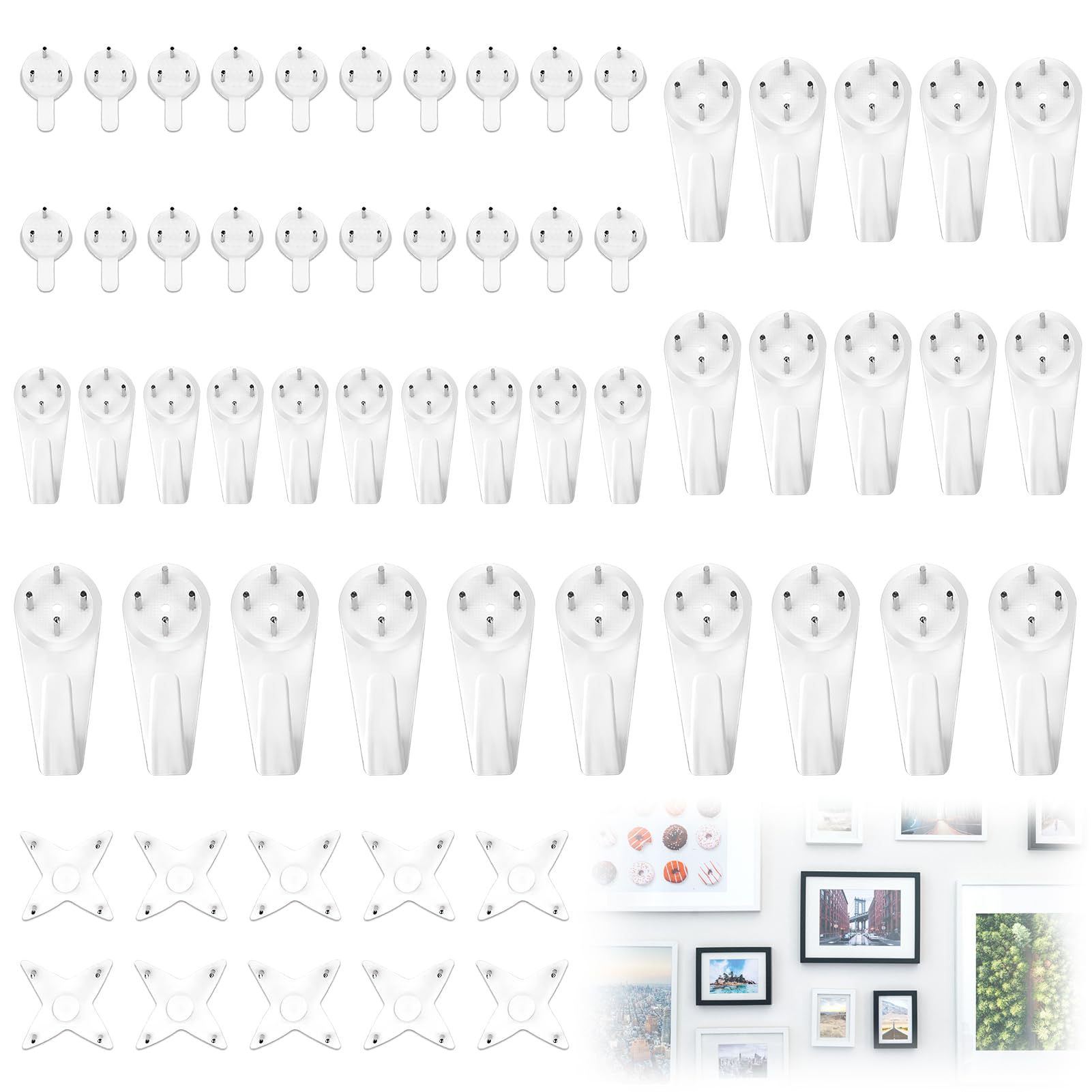 60 Pcs Picture Hooks for Plasterboard Walls, Non Trace Hard Wall Picture Hooks No Nail Hanging Solution for Photos Frames Clocks Artwork in Home & Office, Easy Install Durable & Leaves No Marks