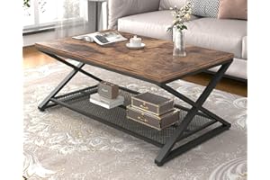 LVB Rustic Coffee Table, Industrial Metal Wood 2 Tier Cocktail Tea Table with Storage for Living Room, Farmhouse Wooden Rectangle Center Table with Mesh Shelf for Office Bedroom, 39 inch, Rustic Brown