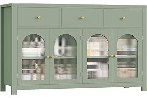 FINETONES Buffet Cabinet with Storage, 55.1" Large Sideboard Buffet, Farmhouse Kitchen Cabinet with 3 Drawers and 4 Doors, Wood Coffee Bar Table for Kitchen, Green