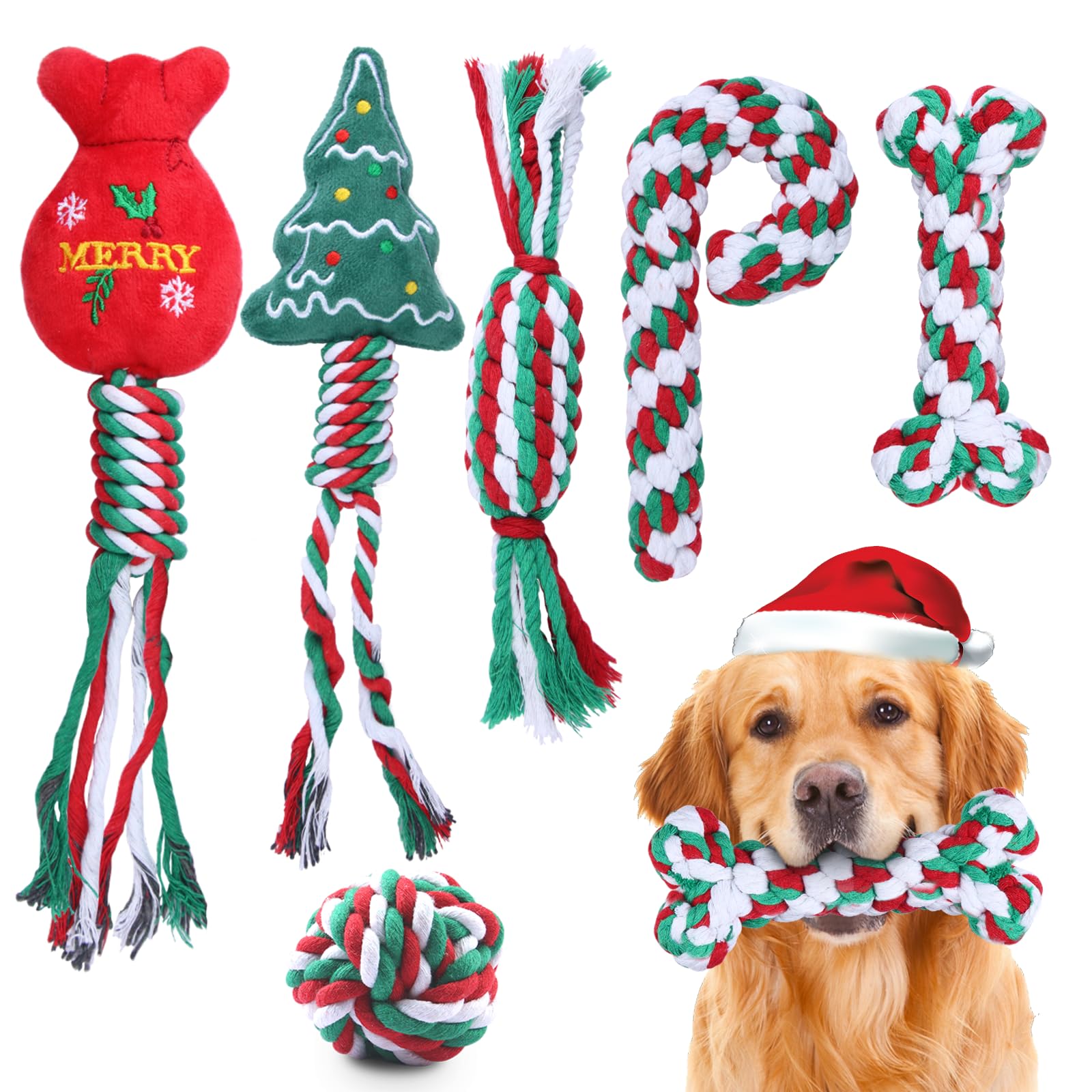 Weocar 6 Pack Christmas Dog Rope Toys, Chew Rope Toy for Puppy Small Medium Dogs, Natural Cotton Toy for Teeth Cleaning, Dogs Interactive Chewing Toys