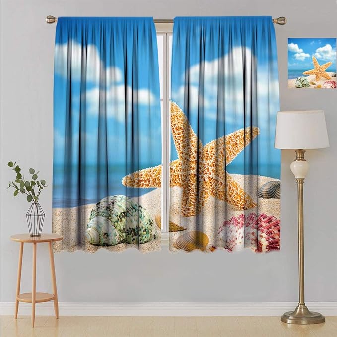 Seashells Wide Blackout Curtains, Summer Beach Theme and