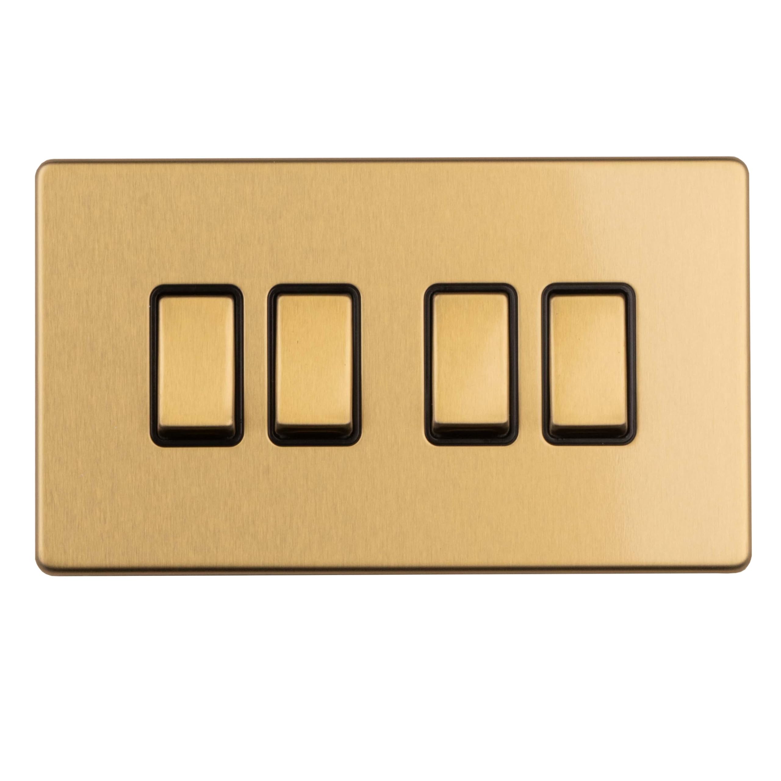 4 GANG 10AMP 2WAY SWITCH FLAT CONCEALED SATIN BRASS PLATE MATCHING ROCKERS