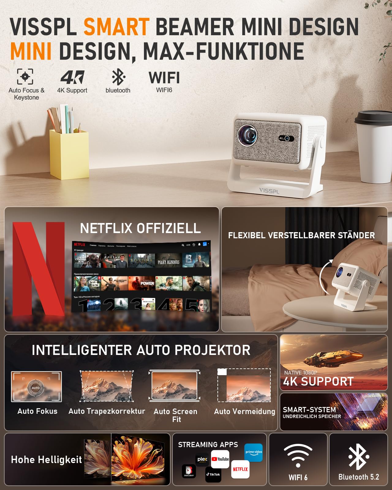 Smart Mini Beamer[Netflix Offiziell ＆ Autofokus / 6D Trapezkorrektur ] 27000L WiFi6 Bluetooth Beamer Klein Full HD 1080P, VISSPL Unterstützt 4K Video Projector,Handy Projektor für Heimkino/Outdoor 2