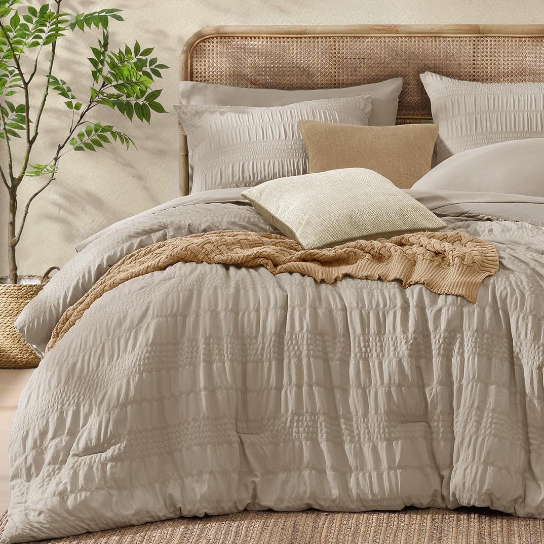 Photo 1 of CASAAGUSTO King Size Comforter Set, 7 Pieces Oatmeal Seersucker Bed in a Bag King Soft All Seasons, King Bedding Sets with Comforter, Flat Sheet, Fitted Sheet, 2 Pillow Shams, 2 Pillowcases