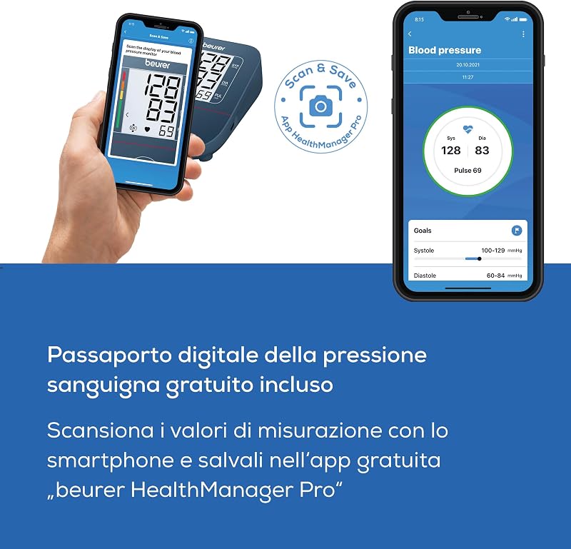 BM 25 misuratore di pressione da braccio, funzionamento semplice con un pulsante, misurazione precisa, rilevamento aritmie, porta USB-C, polsino 22-42 cm, trasferimento dati a Apple Health