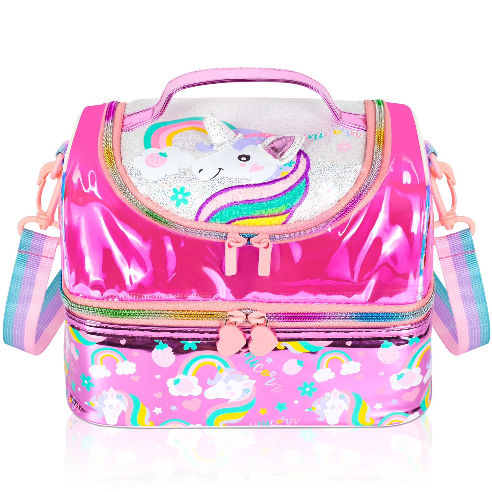 PinkSheep Kids Double Decker Cooler Insulated Lunch Bag Large Tote for Boys, Girls, Men, Women, with Adjustable Strap, Unicorn (Unicorn2)