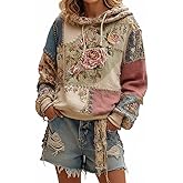 Akivide Women's Cute Boho Floral Patchwork Hoodies Oversized Vintage Graphic Long Sleeve Pullover Hooded Sweatshirt Top