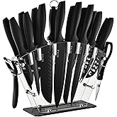 EUNA Kitchen Knife Set, 19 PCS Black Knife Set with Acrylic Block and Sharpener, German High-Carbon Stainless Steel Knife Sets with 6 Serrated Steak Knives, Bread Knife, Chef Knife, Dishwasher Safe