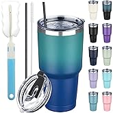30 oz Tumbler with Lids and Straws, Stainless Steel Insulated Coffee Tumbler, Double Wall Vacuum Insulated Travel Mug Cup, Leakproof Thermal Coffee Cup for Hot and Cold Drinks (dark green blue)