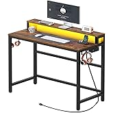 YATINEY Small Computer Desk with Charging Station and LED Lights, Gaming Desk with Monitor Stand, 2-Tier Home Office Desk with 4 Side Hooks, for Living Room, Home Office, Rustic Brown DN01UDBRY2