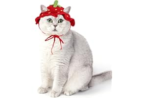 Piriuuo Strawberry Cat Hat, Cotton & Soft Cute Knitted Hats for Cats Birthday Party Christmas Puppy Hat for Small Pets (Red, M)