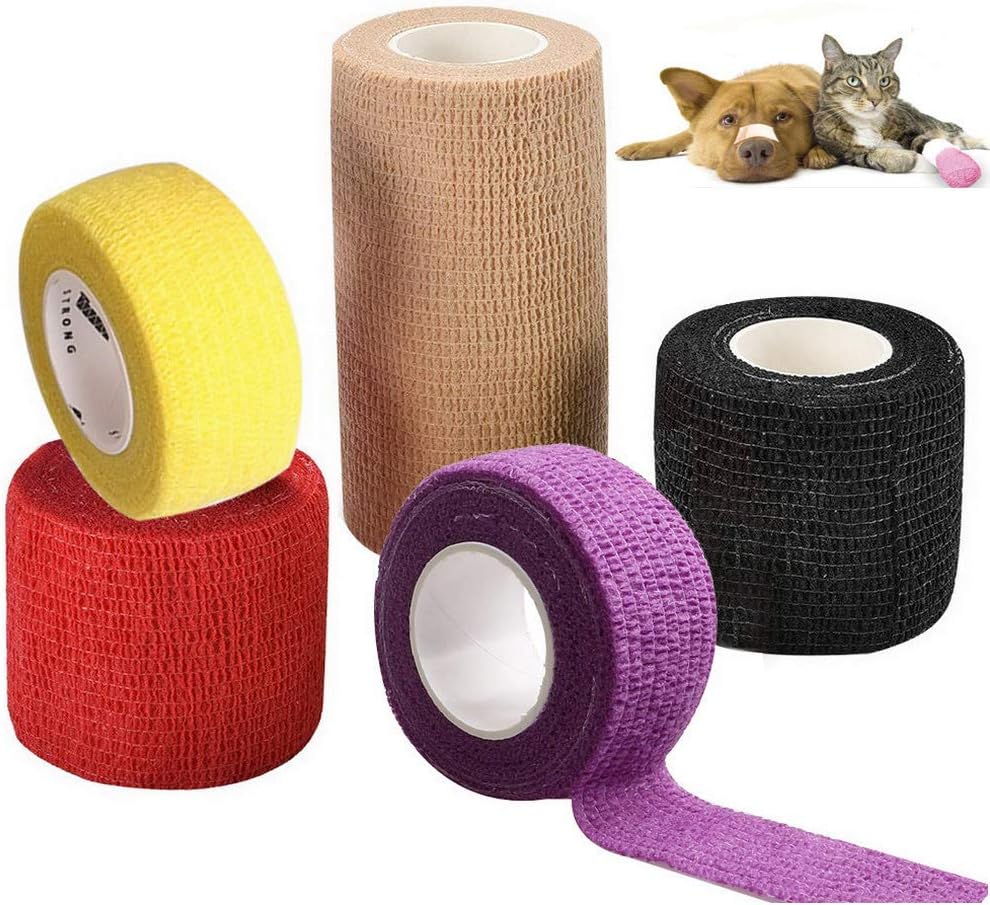 kuou 5 Rolls Pet Vet Wrap, Self Adherent Bandage Bulk Stretch Tape for