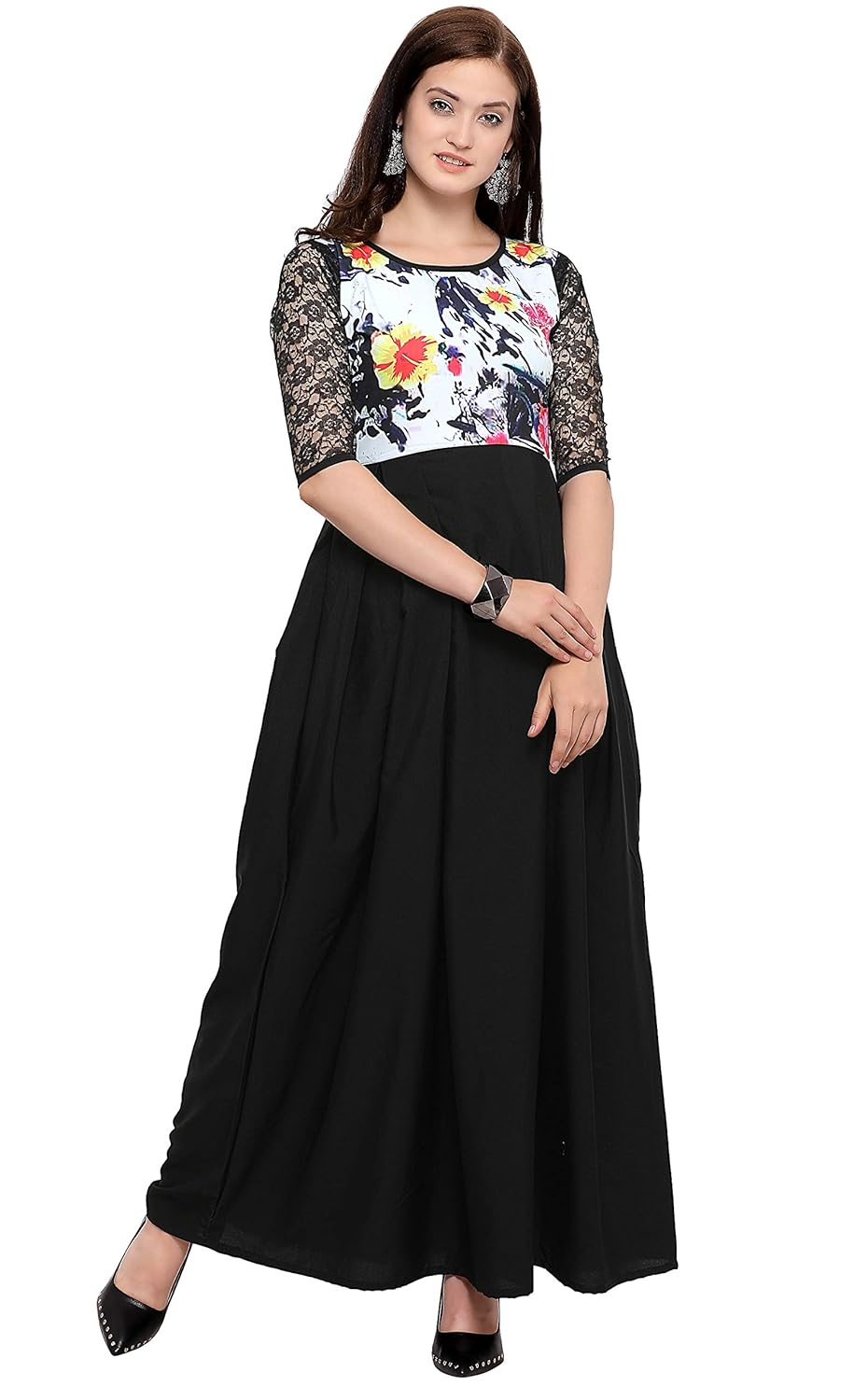 fashion2wear women black maxi digital printed stitched crepe gown