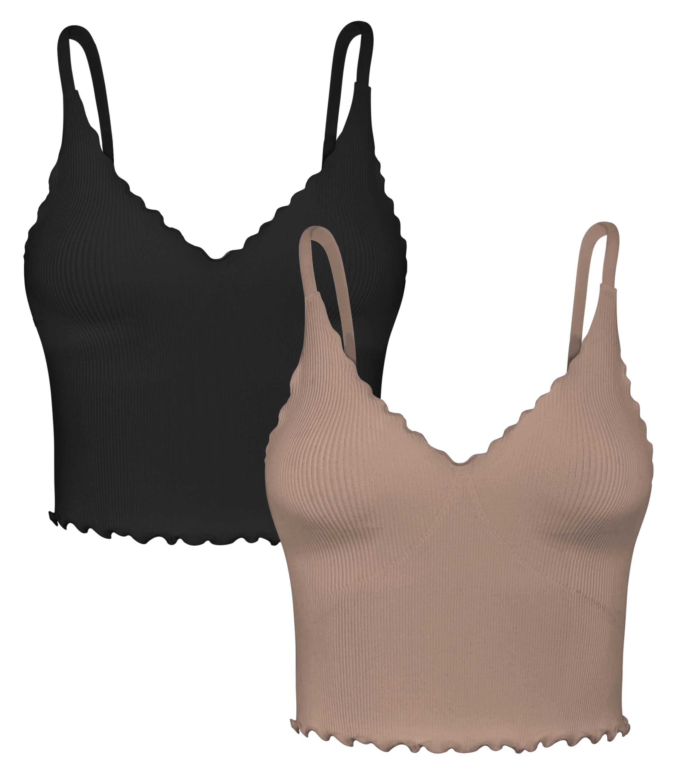 Photo 1 of **MISSING BROWN TANK TOP** Sunzel Tank Top for Women, V Neck Cropped Seamless Ribbed Camisole with Ruffles for Workout Yoga Lounge (Black&Brown L-XL)