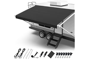 Fonzier RV Awning Fabric Replacement,【Upgraded 280GSM Anti-Fading Fabric】 with Awning Tie Down Kits & 7 Hooks, Universal Outdoor Canopy for Motorhome and Trailer Awnings- 15'(Fabric 14'2"), Black