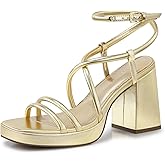 CELLENZ Women Chunky Platform Heels: 3.9 Inch High Heel Prom, Wedding, Party, Square Open Toe Heel Sandals, Strappy Comfortable Sexy Dressy Heels