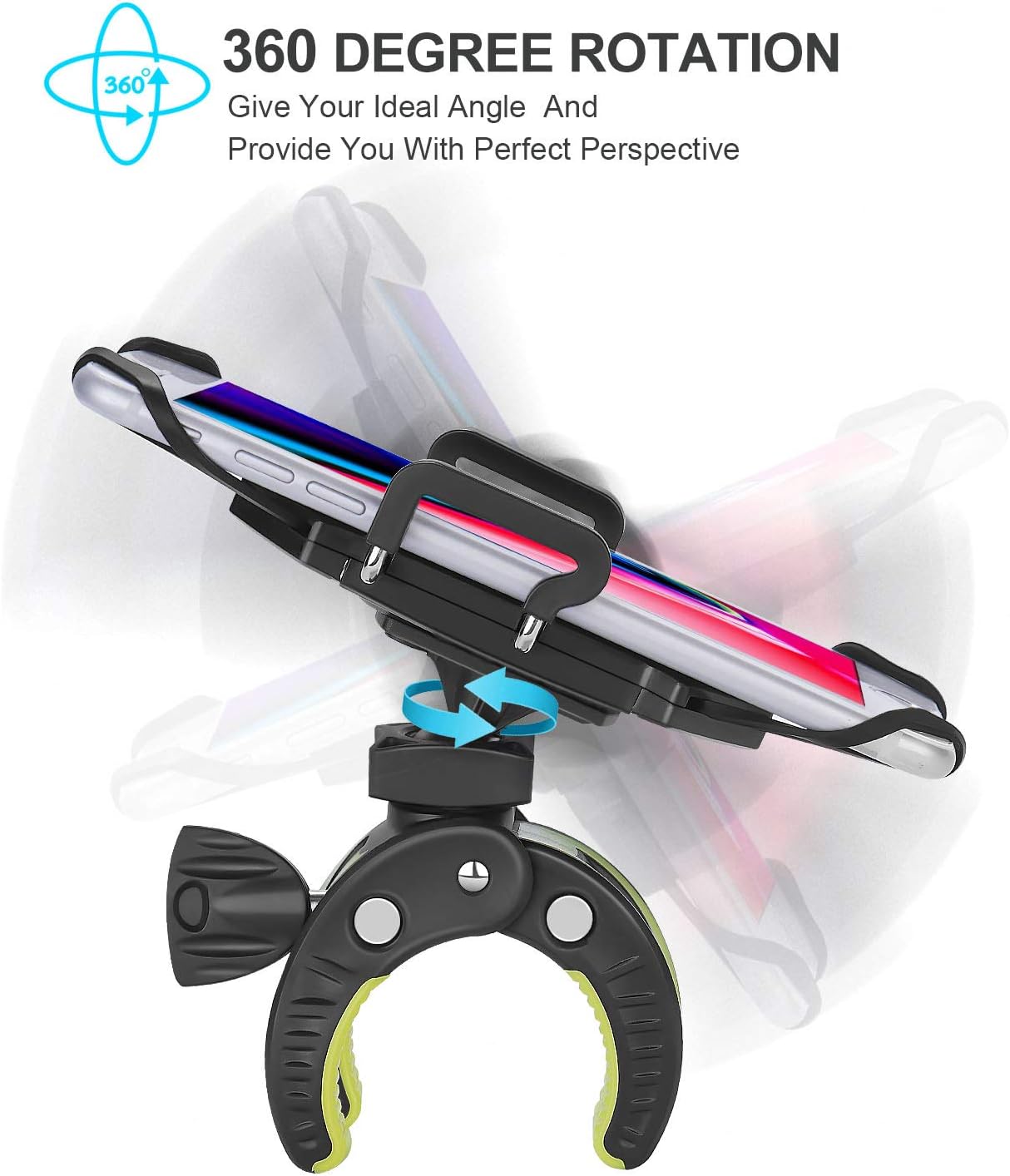 Bike Phone Mount,Motorcycle Cell Phone Holder,Universal Bicycle Handlebar with Rotation Adjustable Cycling Clamp Scooter Phone Clip for iPhone 12,X,8,7 Plus,Galaxy S9, S10